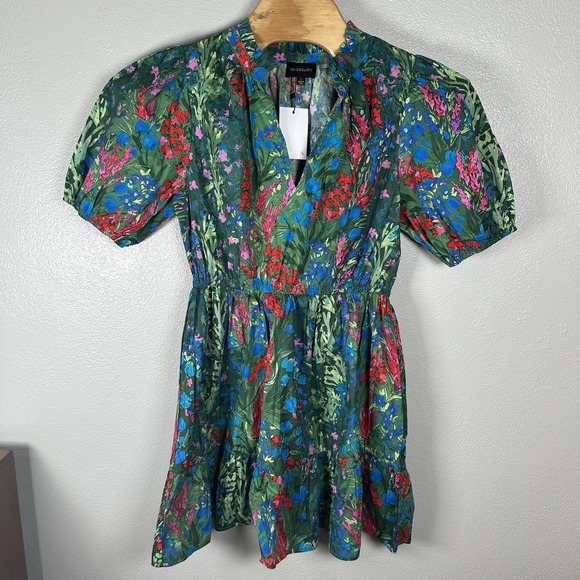 Sugarlips Dresses & Skirts - NEW Sugarlips Green Red Floral A-Line Dress Size Large Puff Sleeve V-Neck Cotton